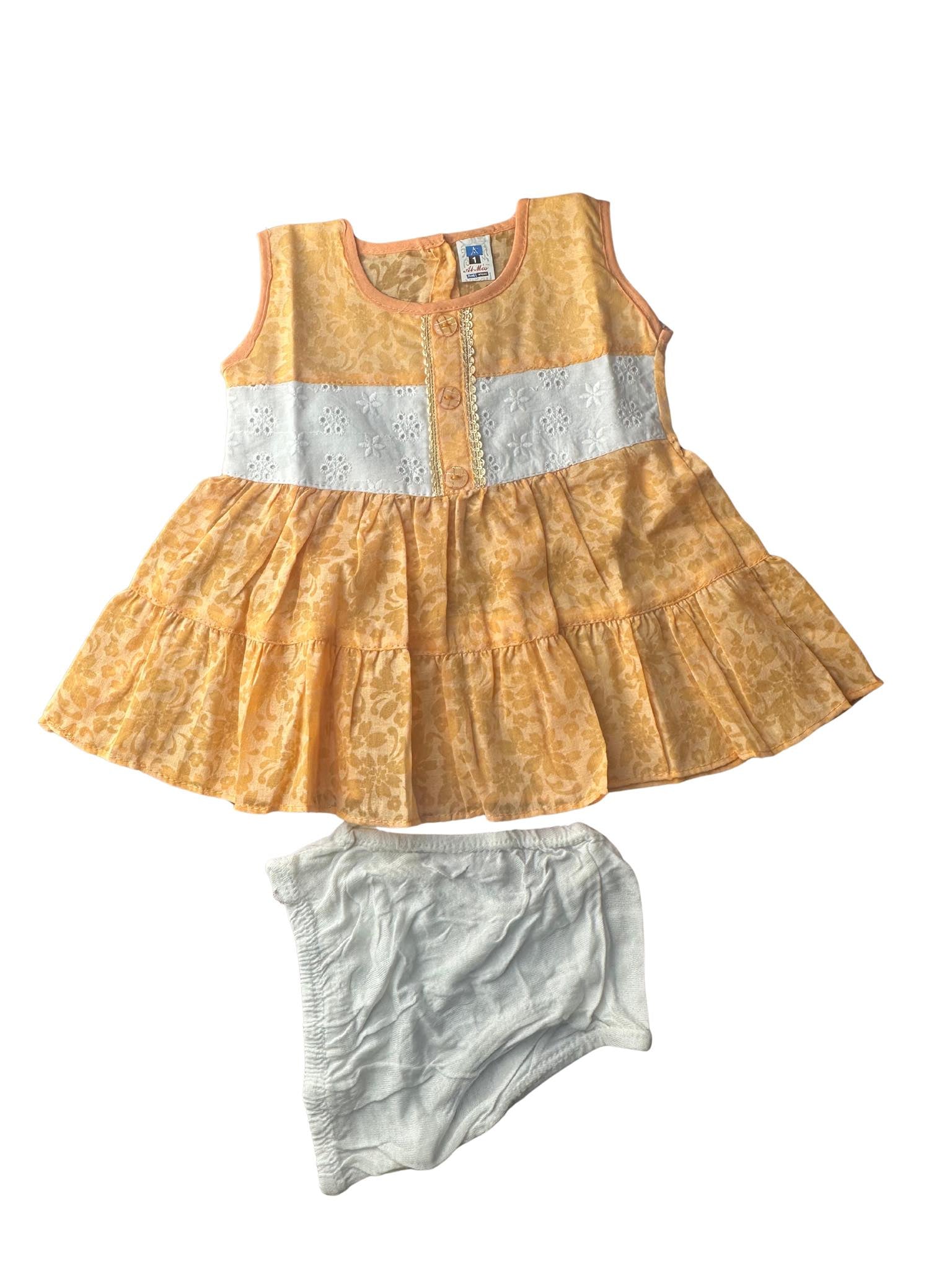 Baby Girl Golden Floral Frock with Blue Panel