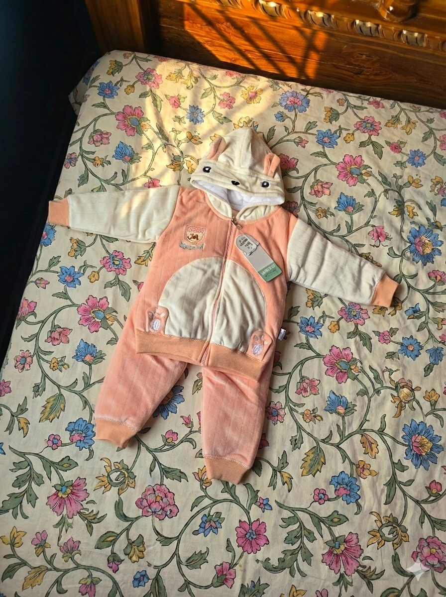 Premium Baby Hooded Fleece Jumpsuit & Joggers Set - Peach & Cream