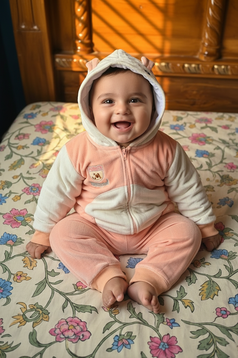 Premium Baby Hooded Fleece Jumpsuit & Joggers Set - Peach & Cream